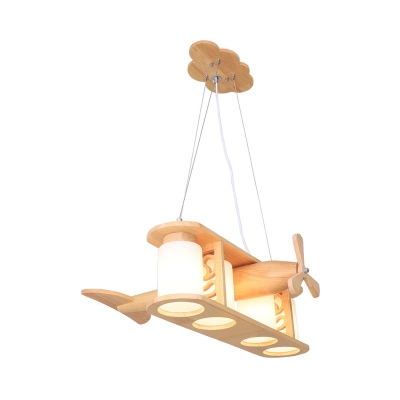 Kids Beige Pendant Light Propeller Airplane 4 Heads Wood Hanging Light with Cylinder Shade for Study Room