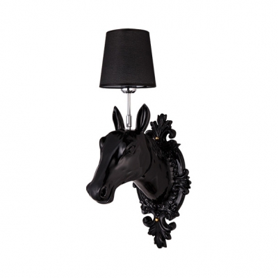 Living Room Tapered Shade Wall Light with Horse Resin 1 Light Rustic Black/Gold/White Sconce Light