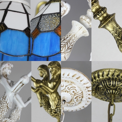 Mediterranean Style Dome Chandelier with Mermaid 5 Lights Stained Glass Pendant Light in Aged Brass/White for Bedroom