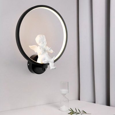 Metal Ring Sconce Light European Style Angel Decoration Wall Light in White/Warm/Third Gear for Kid Bedroom