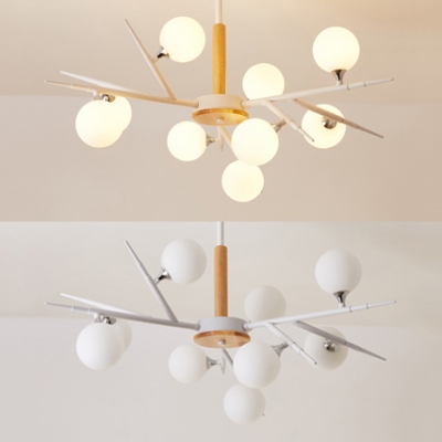 Nordic Style Branch Chandelier with Globe Shade 9/15 Lights Wood Pendant Light in White for Restaurant