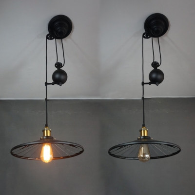 One Light Conical Shade Suspension Light with Pulley Industrial Metal Hanging Lamp in Black for Shop
