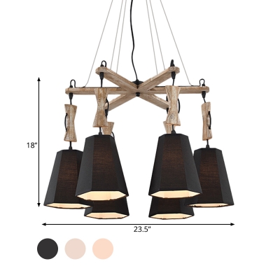 Rustic Black/Flaxen/White Chandelier Bucket Shade 6 Lights Fabric Wood Pendant Light for Bar