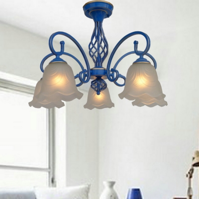 Rustic Floral Chandelier 3/5/6/8 Lights Frosted Glass Ceiling Pendant Light in Blue for Hallway