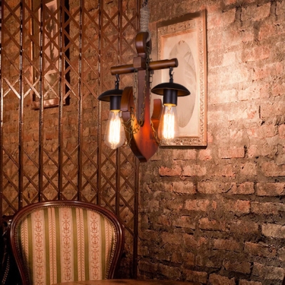 Rustic Style Anchor Pendant Light Wood 2 Lights Brown Chandelier for Dining Table Hallway