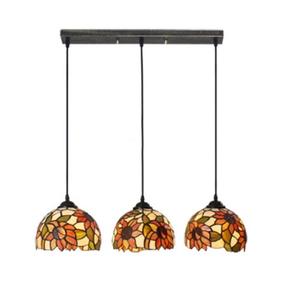 Rustic Style Bell/Dome Pendant Light with Sunflower 3 Lights Stained Glass Hanging Light for Restaurant