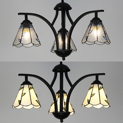 Rustic Style Chandelier Cone Shade 3 Lights Beige/Clear Glass Pendant Lamp for Hallway Kitchen