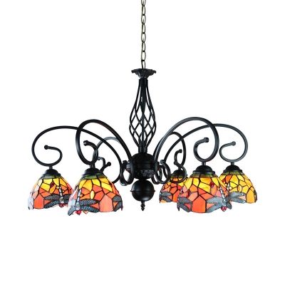 Rustic Style Dragonfly Chandelier 6/8 Lights Stained Glass Ceiling Light for Living Room