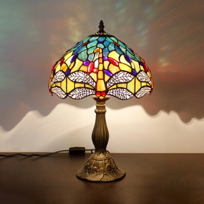 Rustic Tiffany Table Light Dragonfly 1 Head Stained Glass Desk Light with Plug-In Cord for Bedroom