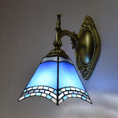 Stained Glass Cone Sconce Light 1 Light Tiffany Style Wall Lamp in Beige/Blue/Green for Bedroom