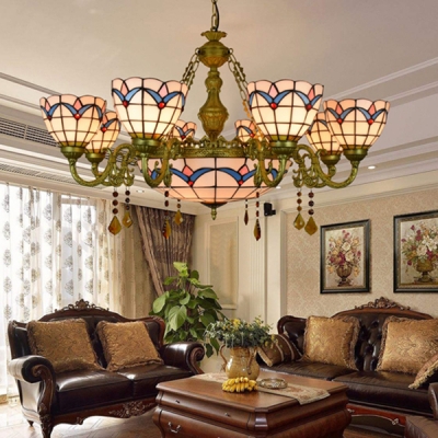 Stained Glass Dome Chandelier 9 Lights Tiffany Style Antique Hanging Light for Dining Room