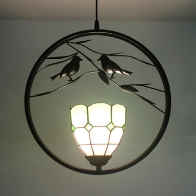 Study Room Cone/Dome Hanging Lamp Glass One Light Tiffany Rustic Black Ceiling Light with Bird
