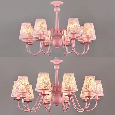 Tapered Shade Living Room Chandelier with Flower Metal 8/10 Lights Hanging Lamp in Pink