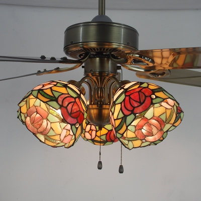Tiffany Flower Semi Flush Mount Light 3 Heads 42 Inch Stained Glass LED Ceiling Fan for Villa