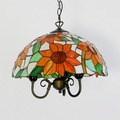 Tiffany Rustic Style Hanging Light Sunflower 16 Inch Stained Glass Pendant Light for Living Room