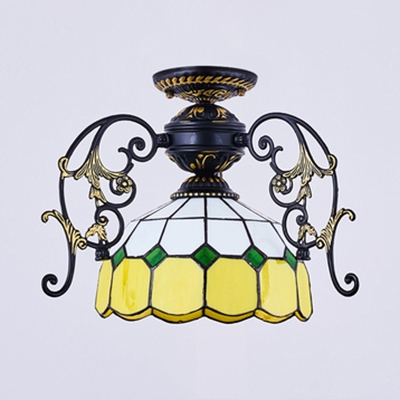 Tiffany Style Bowl Shade Flush Mount Light Glass 1 Light Engraved Ceiling Light for Study Room