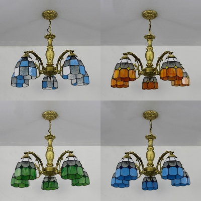 Tiffany Style Domed Pendant Lamp Blue/Clear/Green/Orange Glass 5 Lights Chandelier for Dining Room