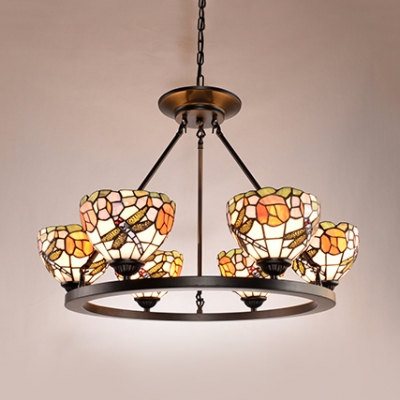 Tiffany Style Flower Dragonfly Chandelier 6 Lights Stained Glass Suspension Light for Restaurant