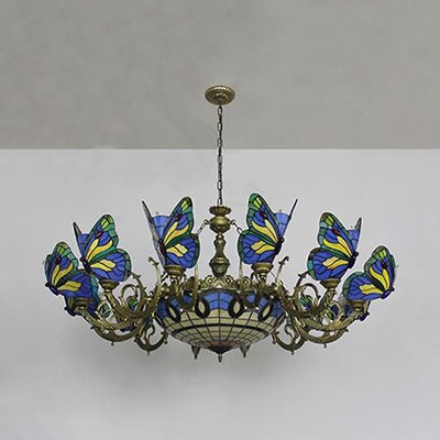 Tiffany Style Hanging Light Dome Shade 13 Lights Stained Glass Chandelier with Butterfly for Hotel