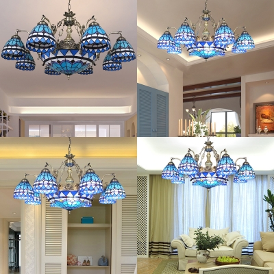 Tiffany Style Nautical Chandelier Dome 7/9 Lights Stained Glass Ceiling Pendant with Mermaid for Hotel