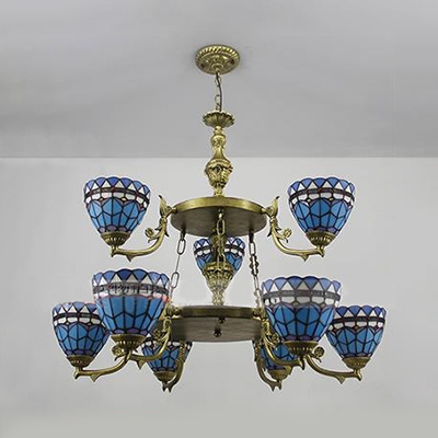 Tiffany Style Nautical Pendant Light Bowl Shade 9 Lights Stained Glass Chandelier for Villa
