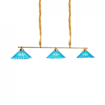 Traditional Blue Island Pendant with Cone Shade 3 Lights Fluted Glass Suspension Light for Hotel