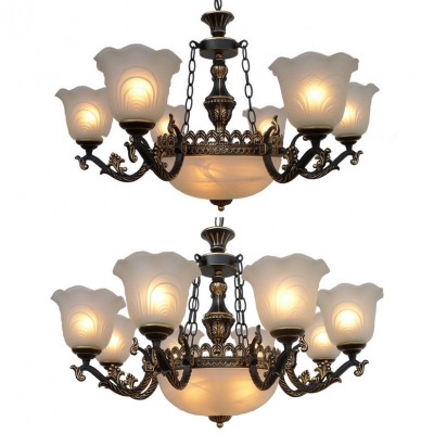 Traditional Dome Flower Chandelier 9/11 Lights Metal Glass Hanging Lighting in White for Hotel