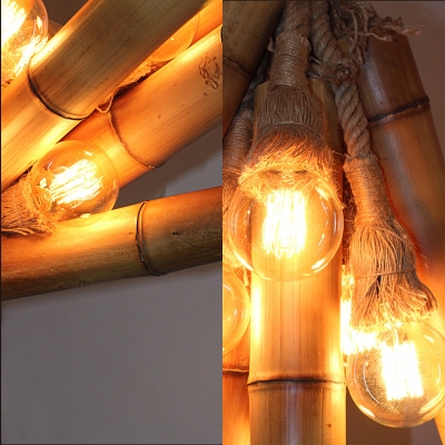 Tube & Open Bulb Chandelier Rustic Style Bamboo Pendant Light in Beige for Bar Coffee Shop