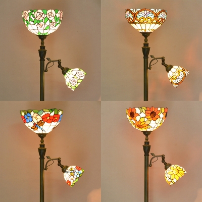 Villa Plant Design Floor Lamp Stained Glass Two Heads Tiffany Rustic Brass Finish Floor Light