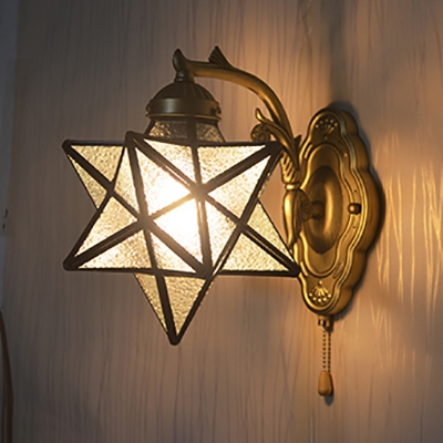 Vintage Brass Wall Light Star Shade 1 Light Glass Wall Lamp with Pull Chain for Hallway