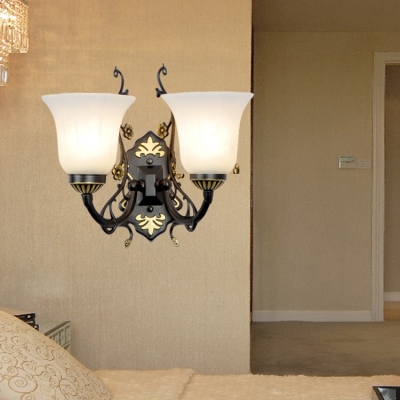 White Bell Shade Wall Light 1/2 Lights Traditional Frosted Glass Sconce Lamp with Flower for Bathroom