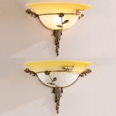 White/Yellow Bell Shade Sconce Light with Bird Decoration 1 Light Rustic Metal Wall Lamp for Stair