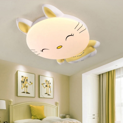 Yellow Cartoon Cat Flush Mount Light Cute Acrylic Ceiling Light in Warm/White for Child Bedroom