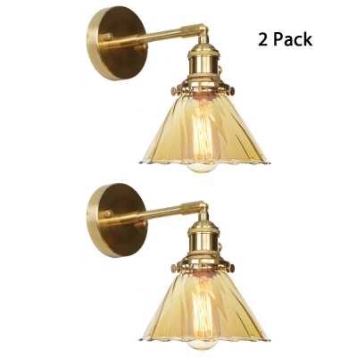 1/2 Pack Vintage Cone Sconce Light Amber Fluted Glass 1 Light Brass Wall Sconce for Hallway Foyer