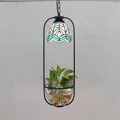 1 Light Dome Suspension Light Tiffany Style Stained Glass Hanging Light for Living Room