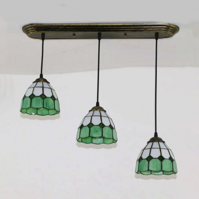 3 Heads Grid Dome Pendant Light Nautical Style Glass Pendant Lamp in Blue for Dining Room