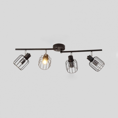 4 Heads Cylinder Cage Ceiling Light Industrial Metal Semi Flush Mount Light in Black for Cloth Shop