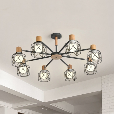 5/6/8 Heads Cube Cage Chandelier Industrial Wood Pendant Lamp in Gray/White for Dining Room