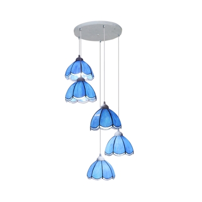 5 Lights Bowl Hanging Light Mediterranean Stylish Art Glass Ceiling Pendant in Blue for Villa
