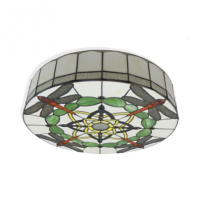 Tiffany Rustic White Flush Mount Light Drum Stained Glass Ceiling Fixture with Dragonfly for Kid Bedroom