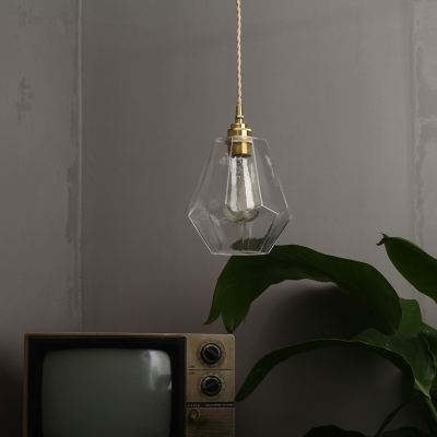 Contemporary Diamond Shape Pendant Light One Light Glass Brass Hanging Lamp for Foyer Dining Room