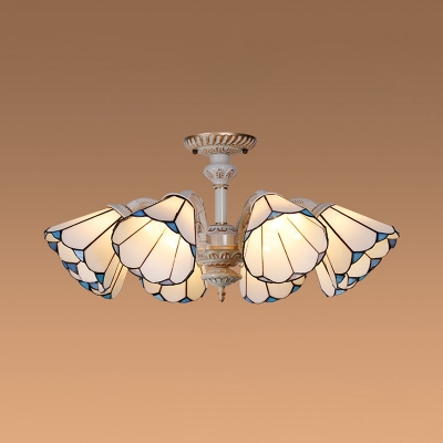 6/8 Lights Cone Chandelier Tiffany Style Antique Glass Hanging Light in White for Bedroom