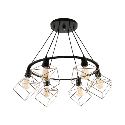 Antique Style Black Pendant Light with Cube Cage 3/6 Lights Metal Ceiling Pendant for Bar