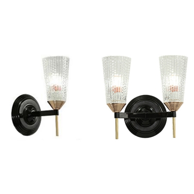 Bathroom Cylinder Shade Wall Light Lattice Glass 1/2 Lights Traditional Black Sconce Lamp