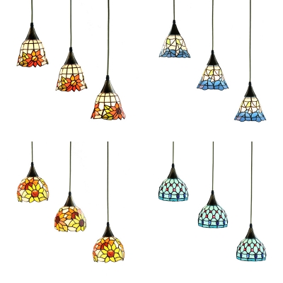 Bead/Petal/Sunflower Shade Pendant Light 3 Lights Vintage Stylish Stained Glass Ceiling Lamp for Cafe Bar