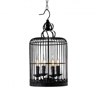 Black Flameless Candle Pendant Lamp with Birdcage 4 Lights Rustic Style Metal Chandelier for Bar