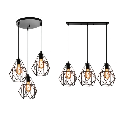 Black Wire Frame Pendant Light with Linear/Round Canopy Antique Metal Hanging Light for Shop