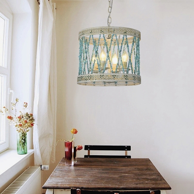 Blue Drum Shade Hanging Lamp 4/6 Lights Nordic Style Little Stone Chandelier for Bedroom