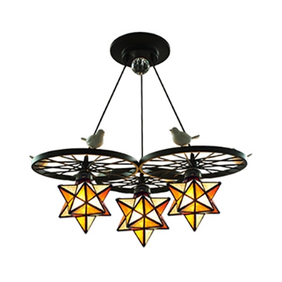 Blue/Orange Star Pendant Light with Bird & Wheel 2/3 Lights Glass Ceiling Light for Restaurant