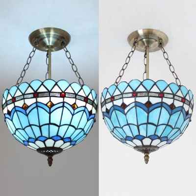 Blue Peacock Tail Chandelier Tiffany Style Stained Glass Suspension Light for Dining Room Foyer